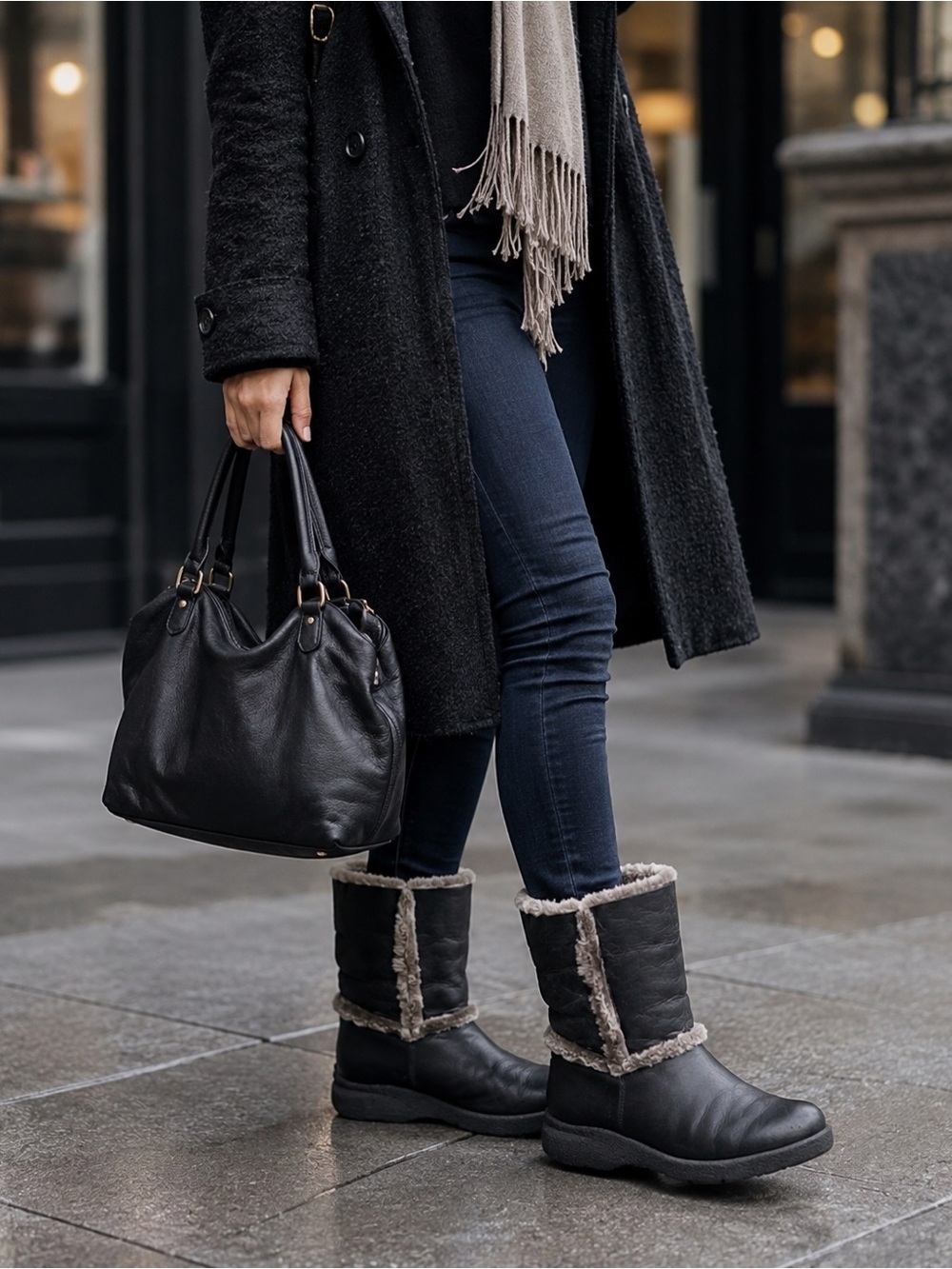 SANTANA CANADA Women’s Winter Black Leather Fur Mid Calf Wedge Boots 9